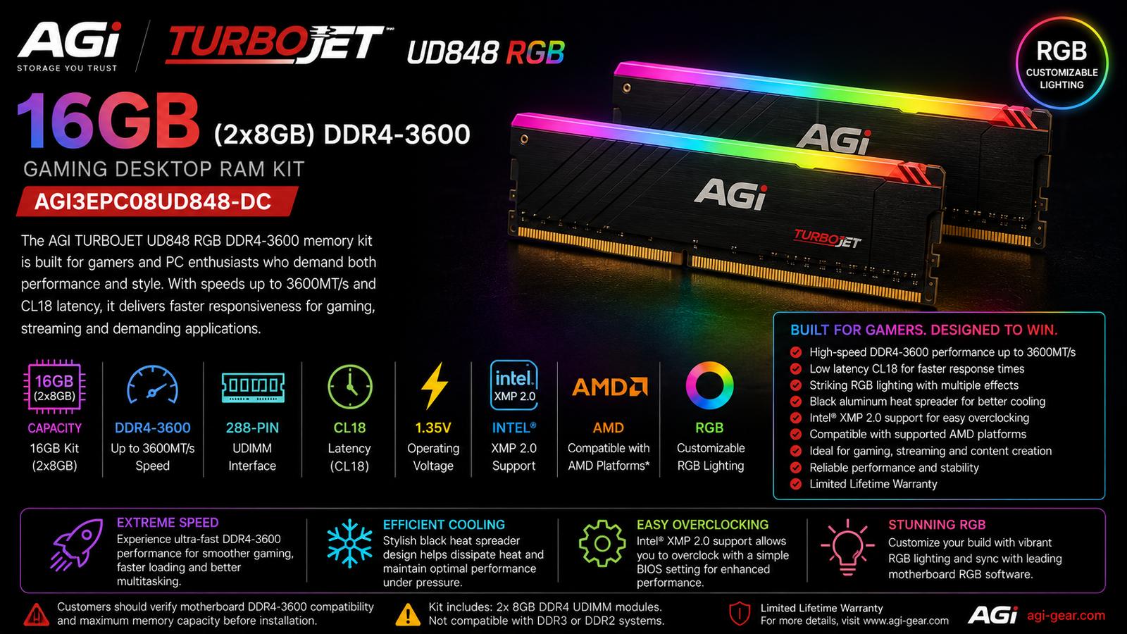 AGI TURBOJET UD848 RGB AGI3EPC08UD848-DC, 16GB (2x8GB) DDR4-3600 Gaming RAM, 3600MT/s, PC4-28800, CL18, Intel XMP 2.0, Black | AGI3EPC08UD848-DC